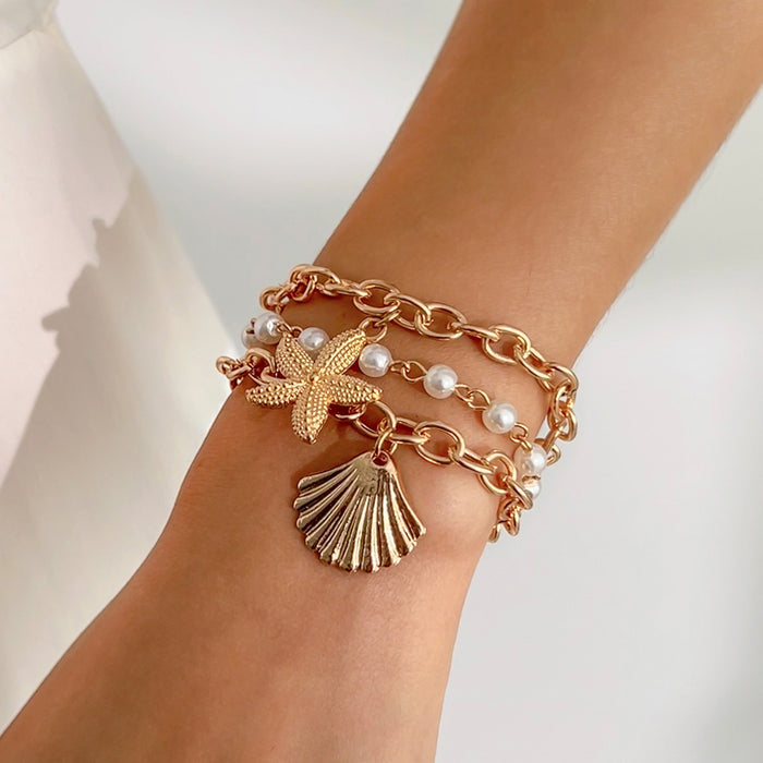 Wholesale Multi layer imitation pearl necklace set retro bead collarbone chain shell pendant