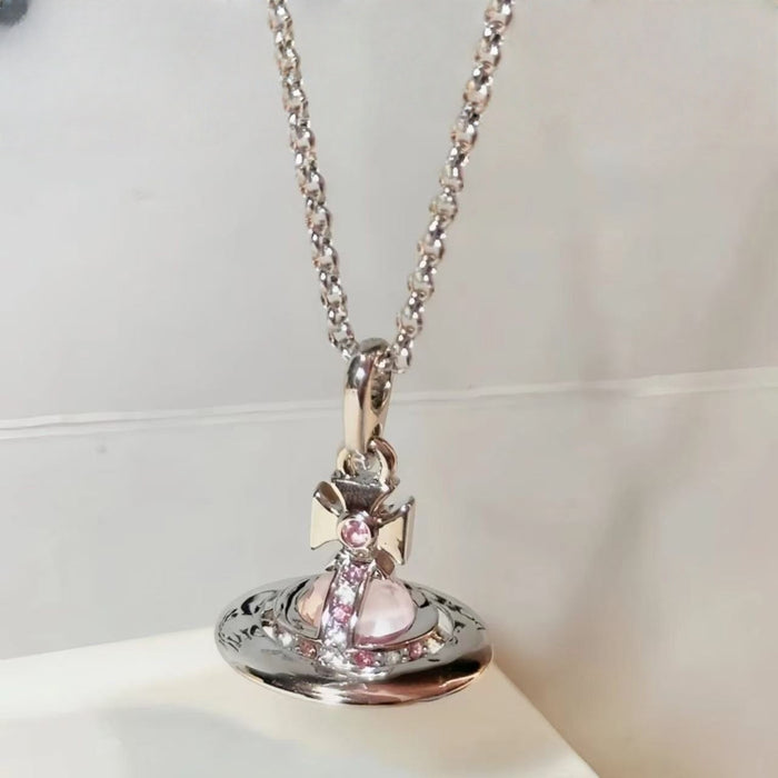 Wholesale pink bow mermaid tears three-dimensional planet necklace clavicle chain