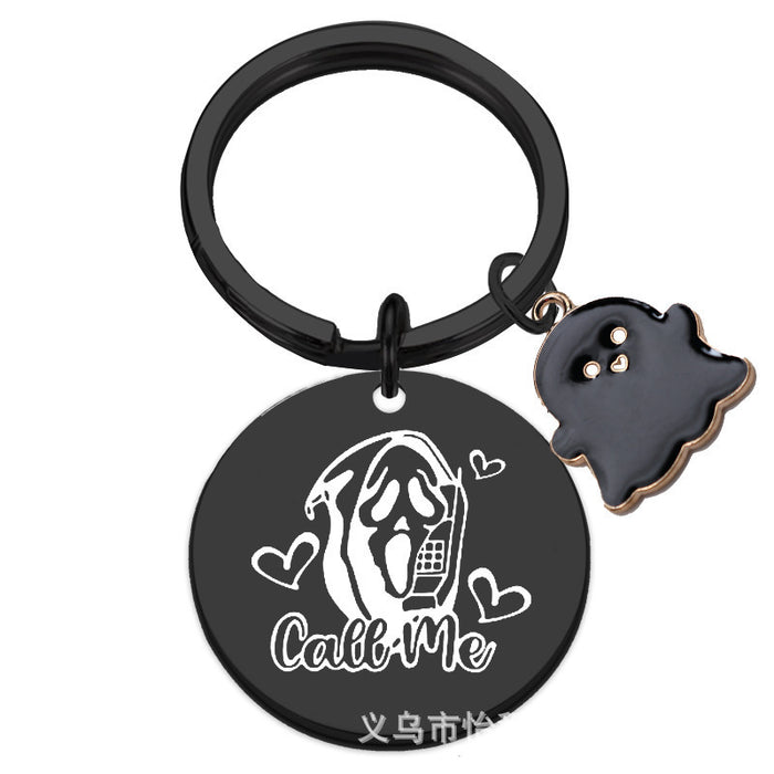 Wholesale  Ghost Stainless Steel Keychain Laser Engraved Round 30mm Gift for Couple Acce MOQ:2ssory
