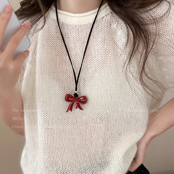 Wholesale Bow necklace, new minimalist style sweatshirt chain, niche and versatile black leather rope accessory