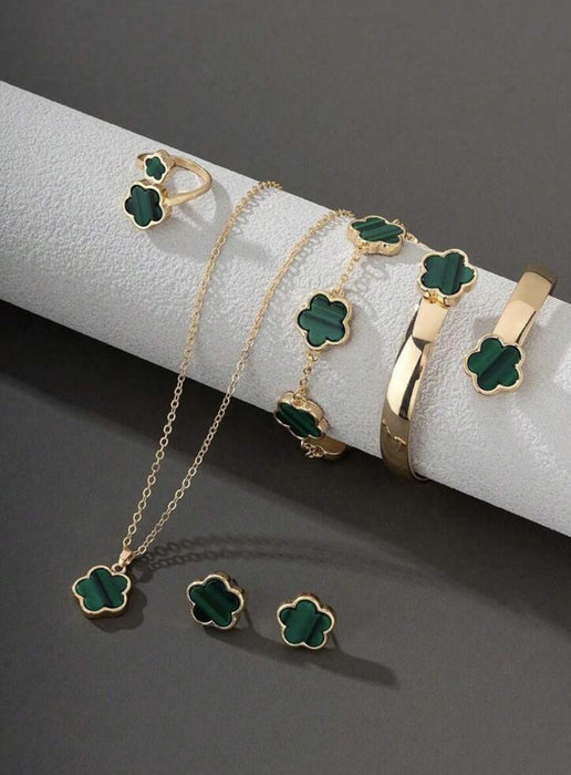 Wholesale Brilliant Lucky Flower Jewelry Set Bracelet Five Leaf Grass Necklace Ring Earnail JDC-NE-AH001