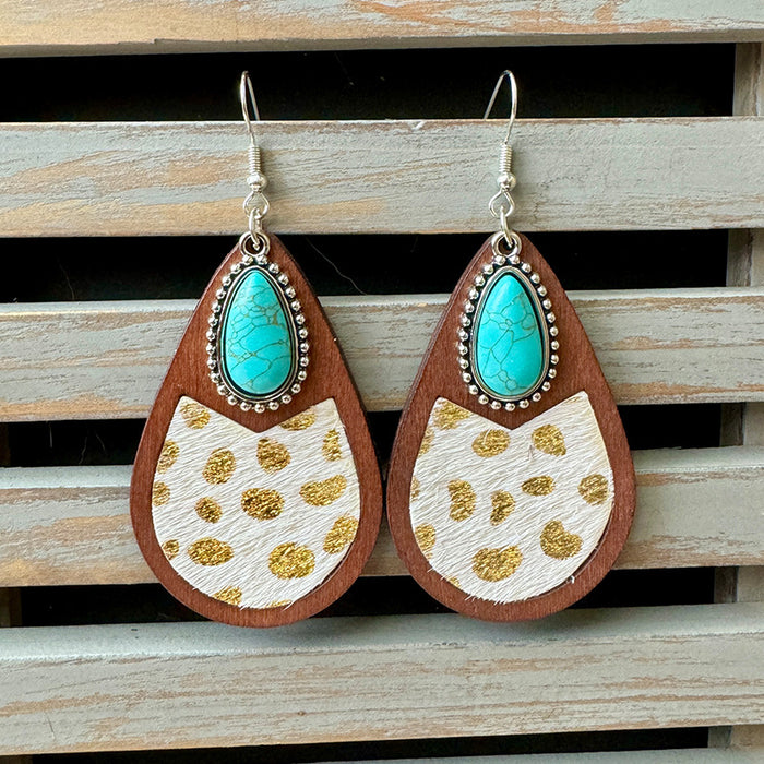 Wholesale Western genuine leather earrings classic horse hair leopard embossed cowhide water drop vintage earrings