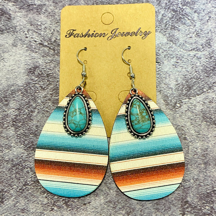 Wholesale Wooden earrings with vintage Aztec pattern water droplet earrings and classic patchwork earrings