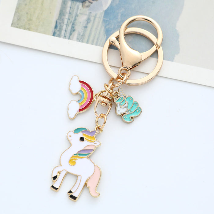 Wholesale Cartoon Rainbow Unicorn Keychain Pendant Dripping Oil Alloy Pony Car KeyChain