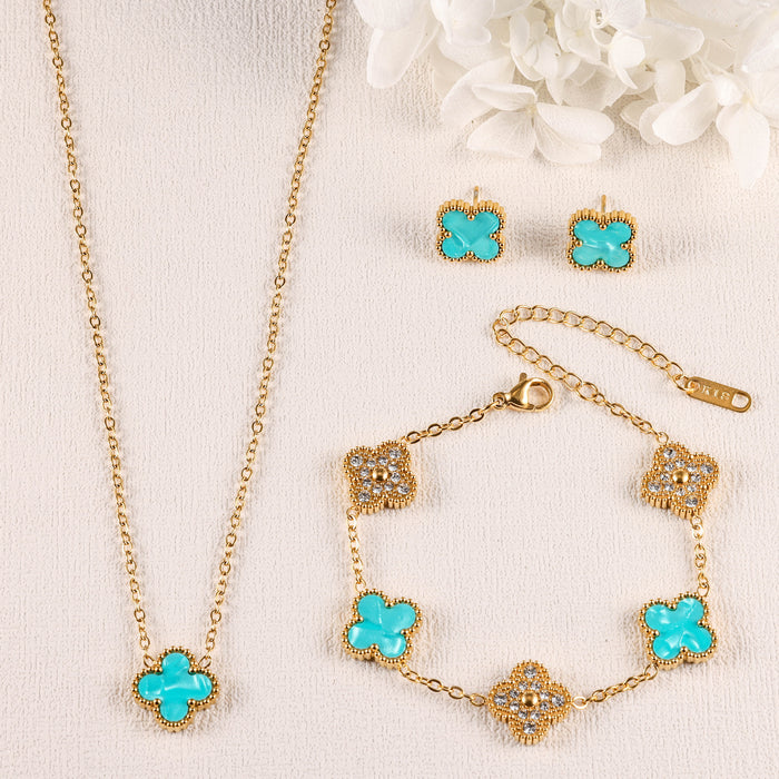 Wholesale Stainless Steel Four-Leaf Clover Three-Piece Gold-Plated Jewelry Set