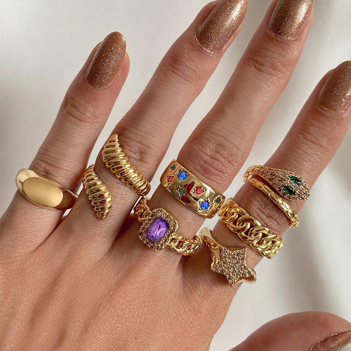 Wholesale Specially designed for personalized alloy 7-piece ring set, star niche stacking set, metal exaggerated opening ring set