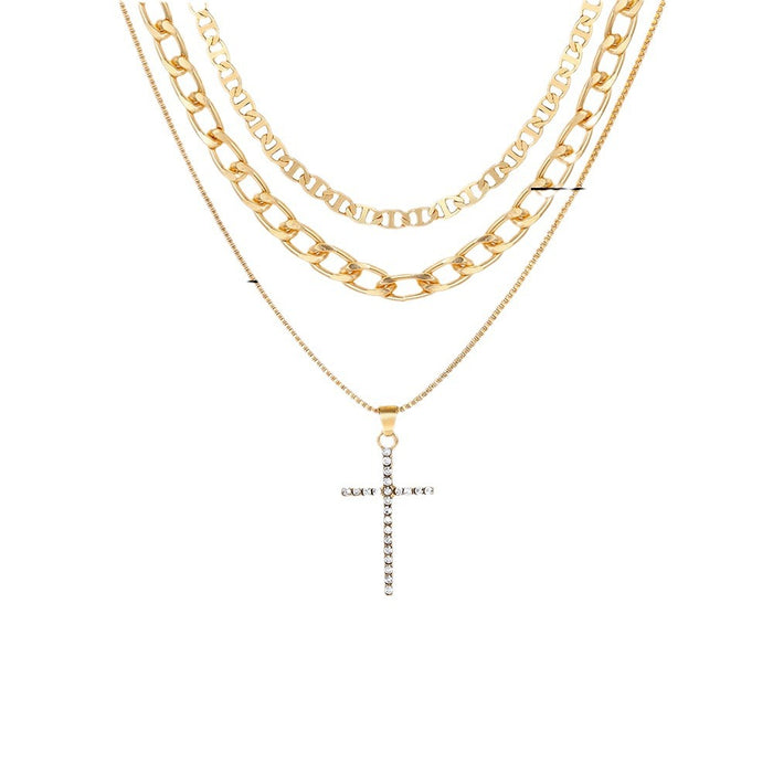 Wholesale Jewelry Cross Chain Necklace Personality Full Diamond Pendant Multi-layer Necklace