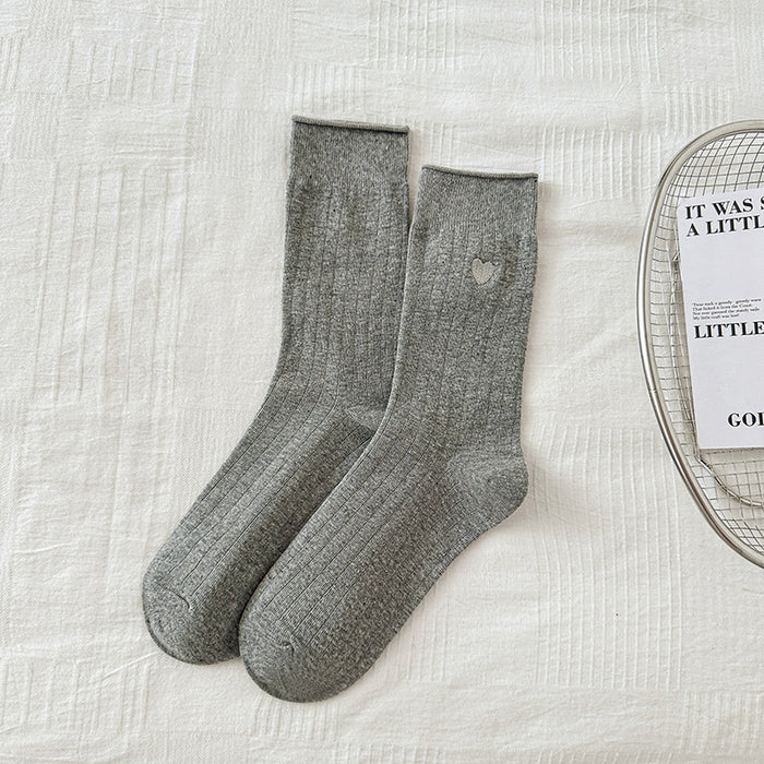 Wholesale Socks with rolled edges, embroidered hearts, simple vertical stripes, versatile stacking socks