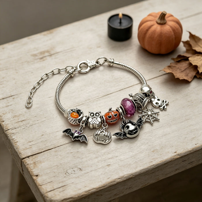 Wholesale Unisex Retro  Pumpkin Bat Owl Skull Pendant Beaded Bracelet Alloy Jewelry Accessory For Party