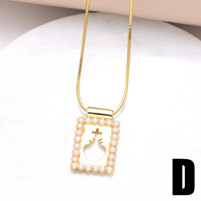 Wholesale Jewelry   Square Hangtag Virgin Mary Necklace Oil Dropping Pearl Clavicle Chain