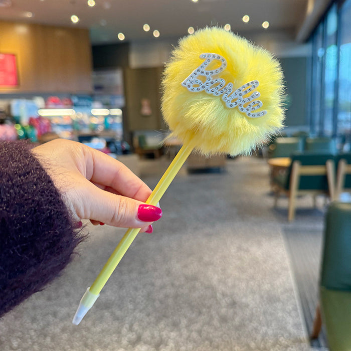 Wholesale Diamond-embedded cartoon fur ball Journal pen student creative ballpoint pen children cute stationery plush pen