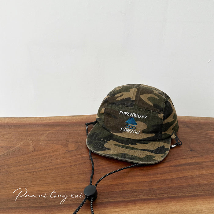 Wholesale Mountaineering fisherman hat, washed drawstring camouflage flat brimmed baseball hat, outdoor children's sunshade hat