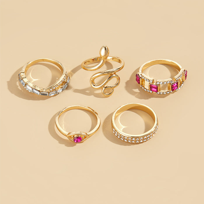 Wholesale Exaggerated jewelry alloy diamond inlaid snake shaped ring set of 5 pieces, niche stacked ring set
