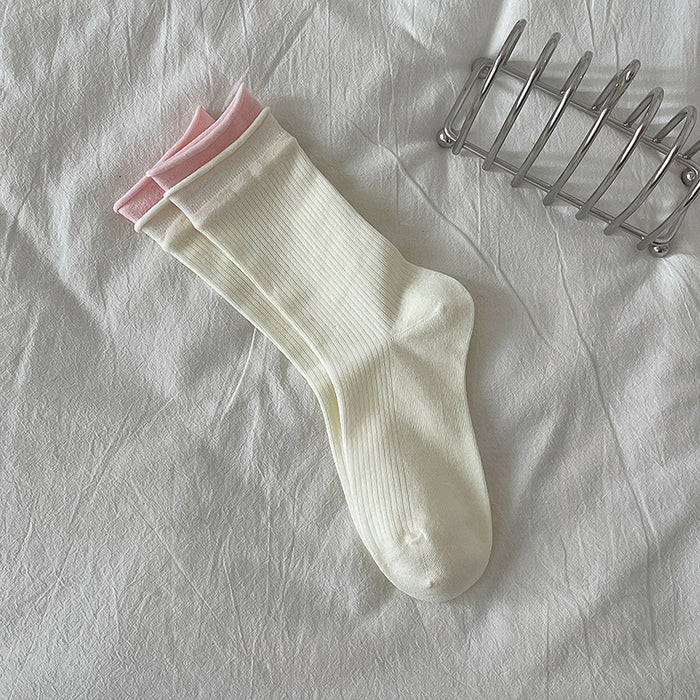 Wholesale Color blocking double-layer ribbed rolled edge boneless midsole socks with versatile vertical stripes for slimming and stacking socks