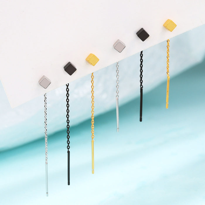 Wholesale Three dimensional geometric earrings, simple and plain style, with elegant ear chain and brushed small square earrings