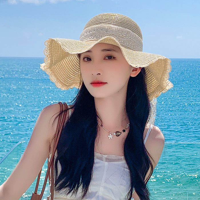 Wholesale Lace bow big brim straw hat breathable sun shading hat fisherman hat