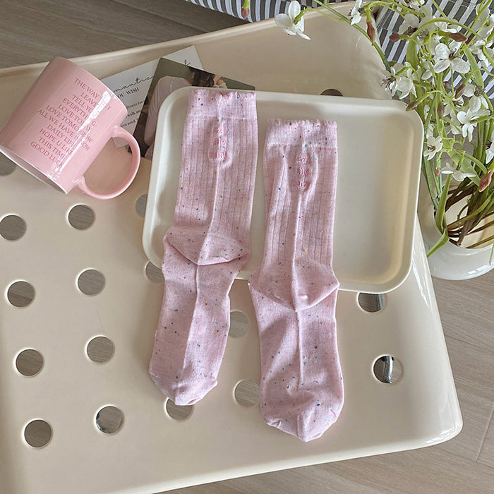 Wholesale Thin dotted yarn embroidered letters, mid tube socks, long tube socks, stacked socks, cotton