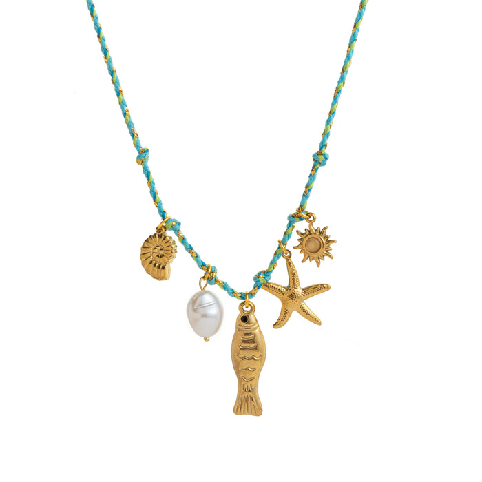 Wholesale Summer Ocean Themed Charm Pendant Necklace Titanium Steel Electroplated Colorful Rope Strand Stylish Jewelry Accessory