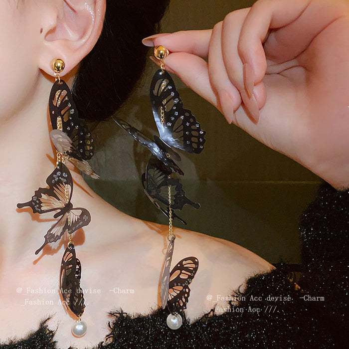 Wholesale Silver Needles Acrylic Butterfly Pearl Long Tassel Earrings JDC-ES-HuiHe008