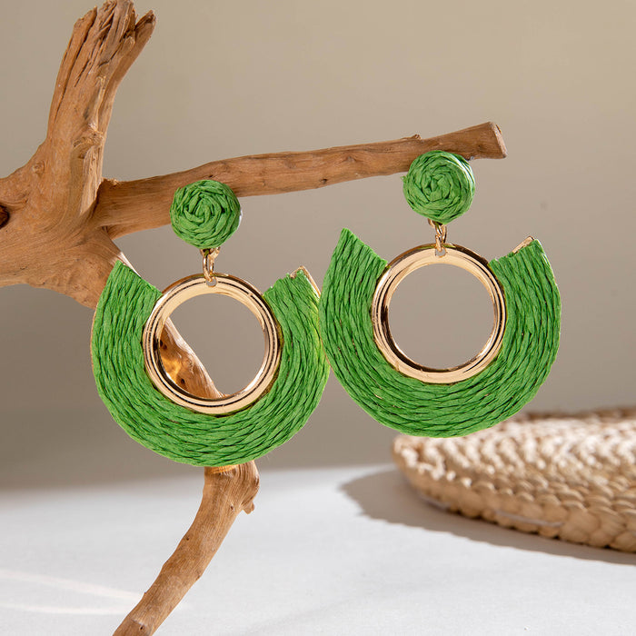 Wholesale hand woven raffia grass holiday style earrings summer color matching beach style earrings