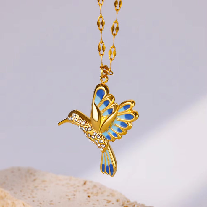 Wholesale Stainless steel hummingbird  pendant jewelry inlaid zircon  necklace