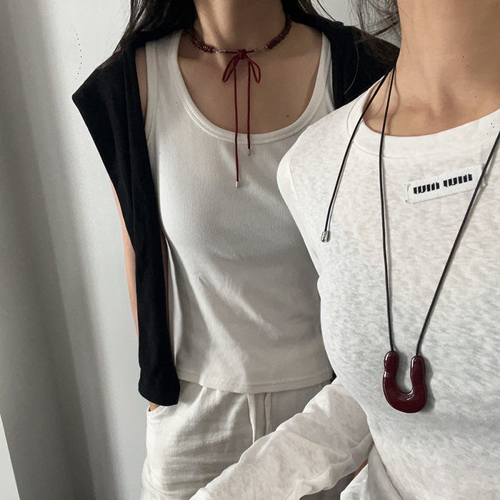 Wholesale wine red long necklace black silver U-shaped oval niche design necklace for women