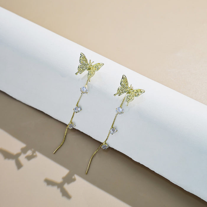 Wholesale Silver Butterfly Tassel Earrings High-end Earrings Elegant Diamond Pearl Long Earrings