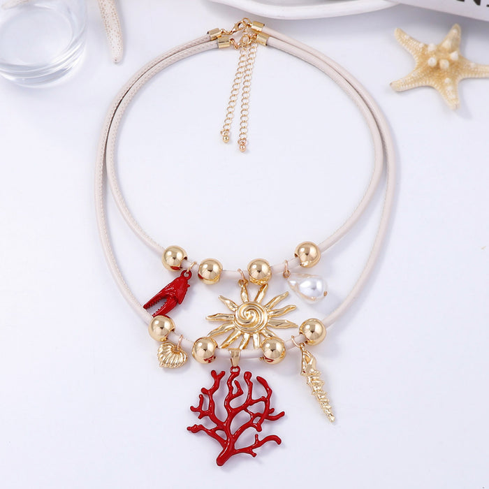Wholesale Alloy Sun Coral Imitation Pearl Double Layer Stacked Leather Cord Necklace for Women