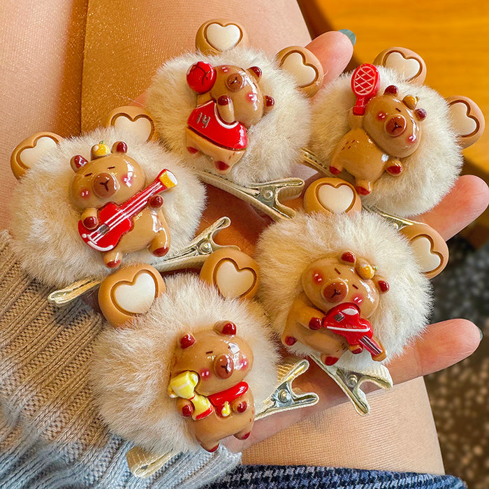Wholesale 5pcs/ set  Hair Ball Hairpin Girl Cartoon Head Decoration Student Broken Hair Clip Capybara Hairpin