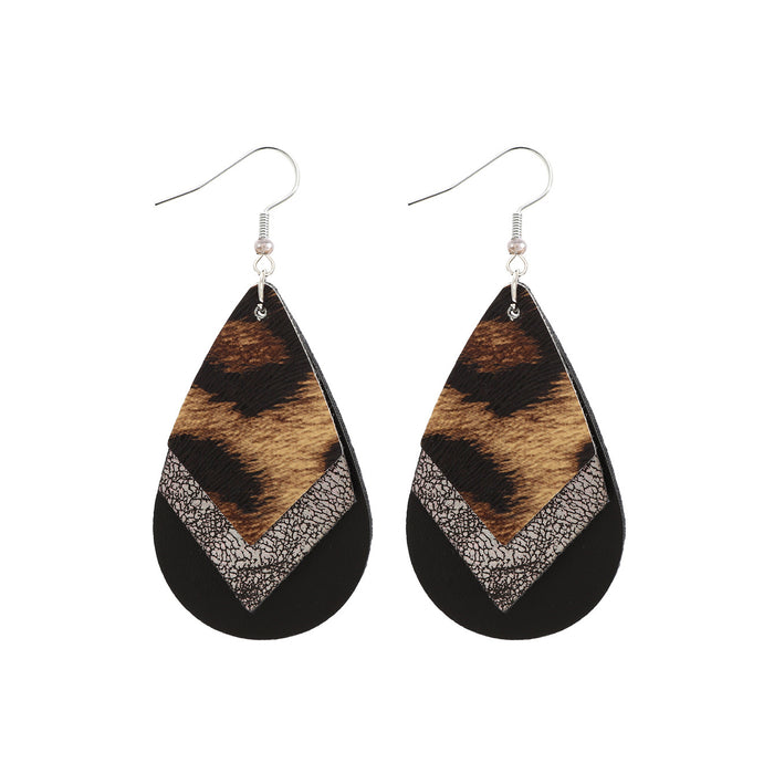 Wholesale Western Denim Three-layer Leopard Print Drop-shaped Leather Earrings JDC-ES-YiTian002