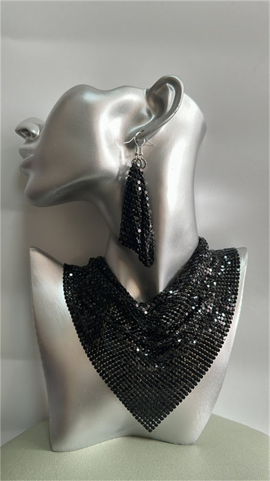 Wholesale Triangle scarf sequin silk scarf necklace set with exaggerated personality collarbone necklace earrings pendant