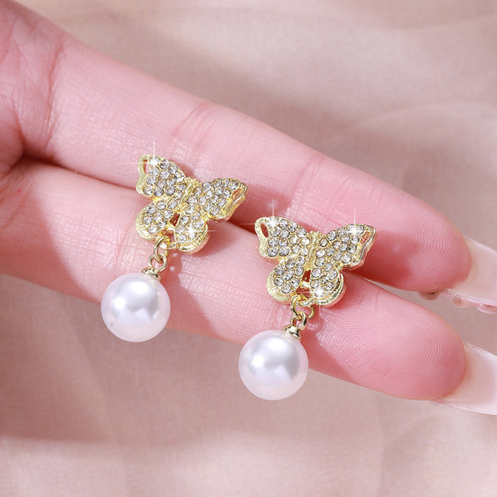 Wholesale Diamond butterfly pearl earrings exquisite and fashionable