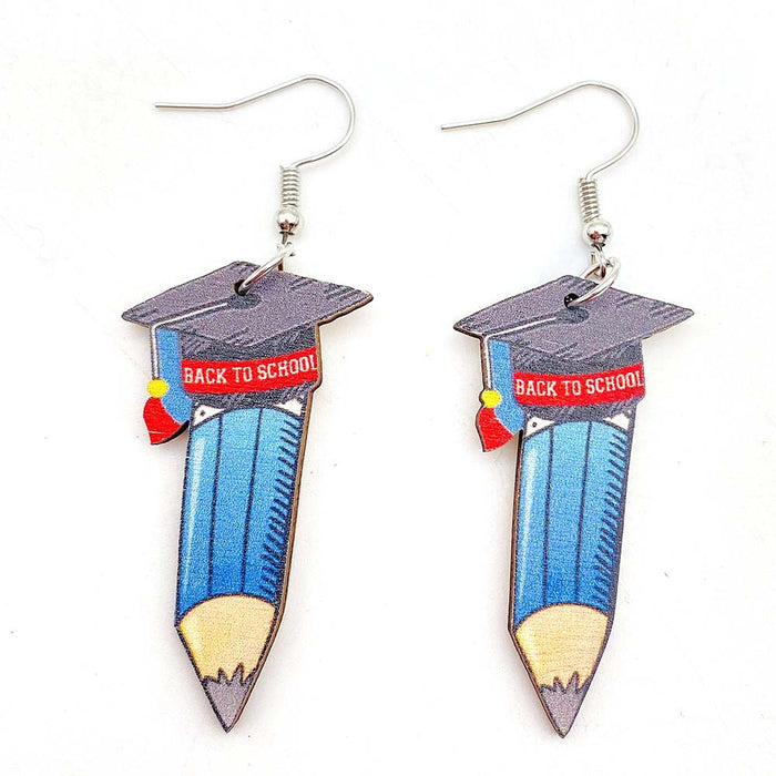 Wholesale Graduation Season Letter Pencil Book Print Wooden Earrings JDC-ES-Chengy034