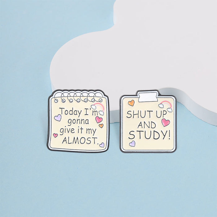 Wholesale Zinc Alloy Brooch Motivational SHUT AND STUDY English Letter Pin Fashion Accessory
