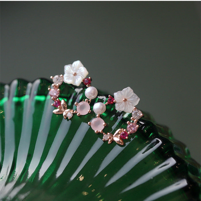 Wholesale  Silver Needle Wreath Pearl Earrings Women'sAntique Sakura Earrings