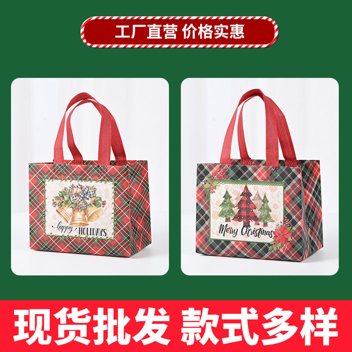 Wholesale Red Plaid Christmas Tote Gift Bag Cartoon Printed Non-woven Foldable Christmas Gift Bag JDC-GB-XJ007