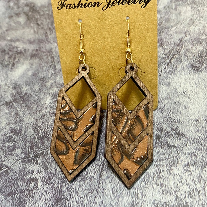 Wholesale Leopard print cow pattern genuine leather earrings Western geometric inlaid earrings hollow earrings