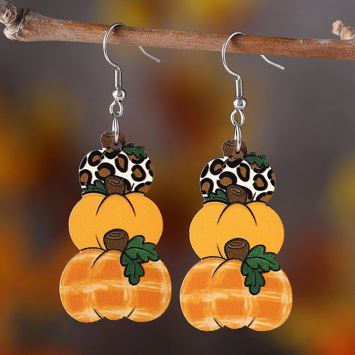 Wholesale Thanksgiving Autumn Harvest Polka Dot Plaid Pumpkin Flower Pendant Wooden Earrings JDC-ES-WenT023