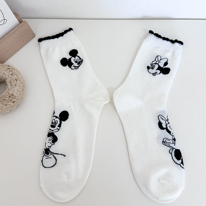 Wholesale Pure Cotton Black Mickey Socks Women's Mid-tube Socks Spring and Autumn All-match Cute Cartoon Ins Fashionable Socks