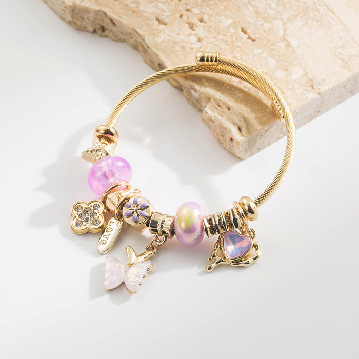 Wholesale Stylish Purple Stainless Steel Charm Bracelet With Diamond Set Four Leaf Clover Butterfly Heart And LOVE Pendant Fashion Accessory