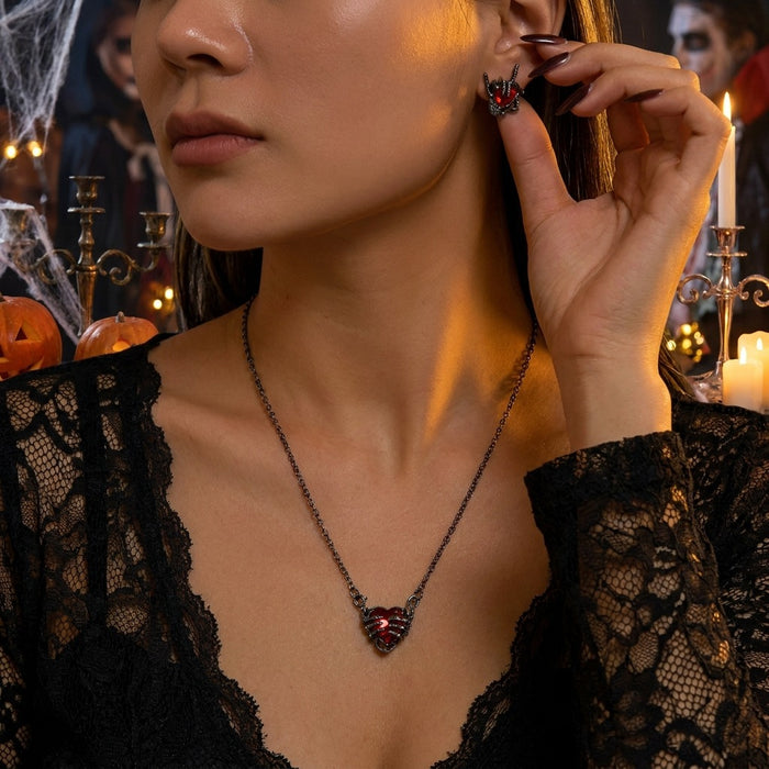 Wholesale Vintage Ghost Hand Heart Alloy Rhinestone Earring Necklace Set Boutique Resale