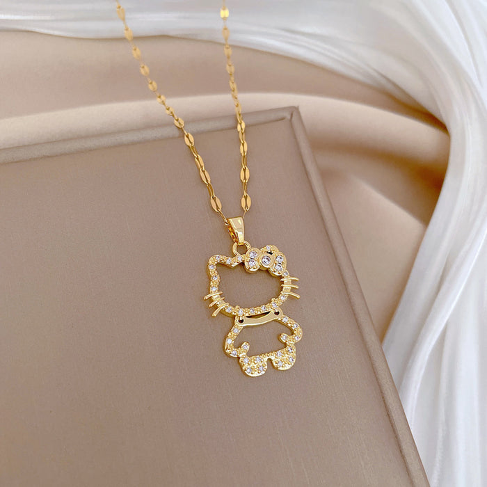 Wholesale Hollow Cat Light Luxury Full Diamond Titanium Steel Necklace JDC-NE-LG033