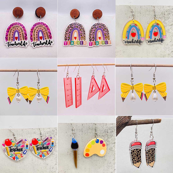 Wholesale Teacher' s Day Earrings Leopard Pencil Ruler Acrylic Earrings School Season Student Earrings Jewelry