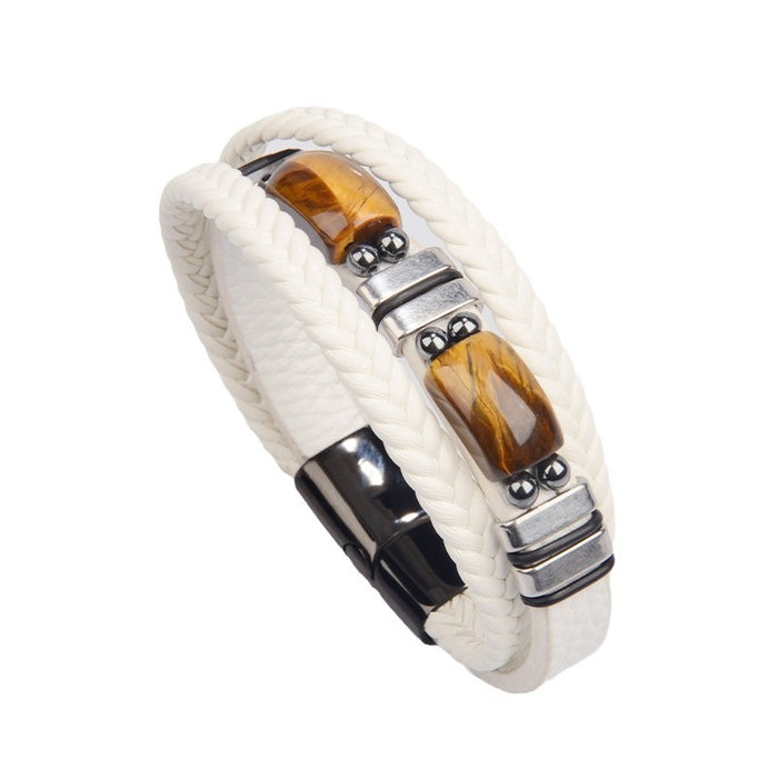 Wholesale tiger eye stone leather bracelet stainless steel bracelet multi-layer leather jewelry Amazon men' s bracelet