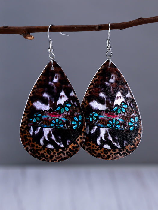 Wholesale Water Drop Shape Leather Sunflower Leaf Stripe Print Earrings JDC-ES-YiTian009