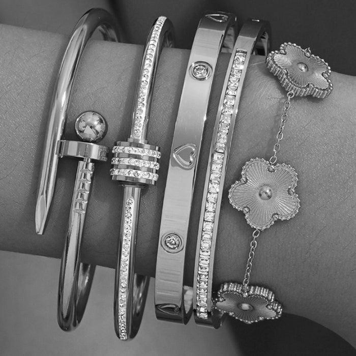 Wholesale Gold Tone Titanium Steel  Bangle Set With Rhinestone Row Trendy Jewelry Accessory For Party Or Everyday Gift