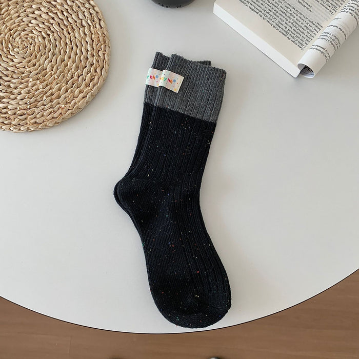 Wholesale Color blocked heel fabric label, thick needle socks, dotted yarn, middle tube, stacked socks