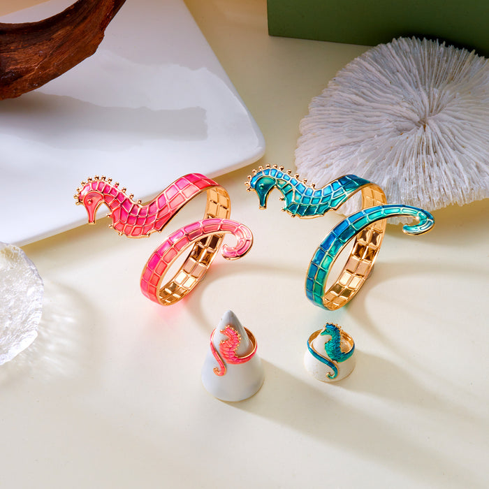 Wholesale Summer  Winding Seahorse Open Bracelet Ring  Oil Painting Jewelry