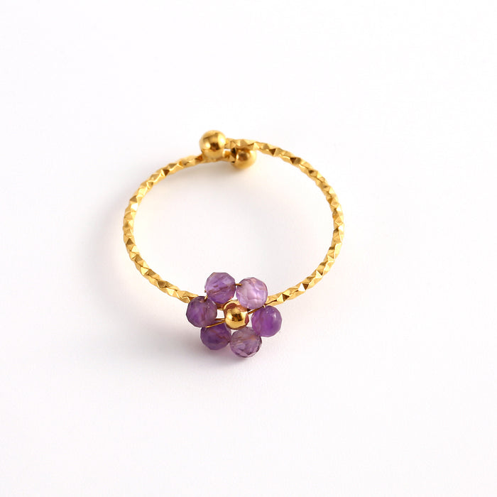 Wholesale Fashionable and minimalist stainless steel cut surface natural stone flower ring, personalized and versatile, multi-color adjustable ring