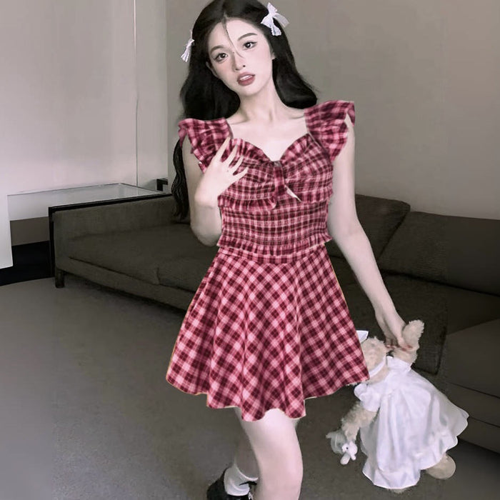 Wholesale New bow swimsuit split style checkered swimsuit